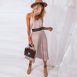 Rouge! Taupe Midi Pleated Slip Dress with Black Waistband